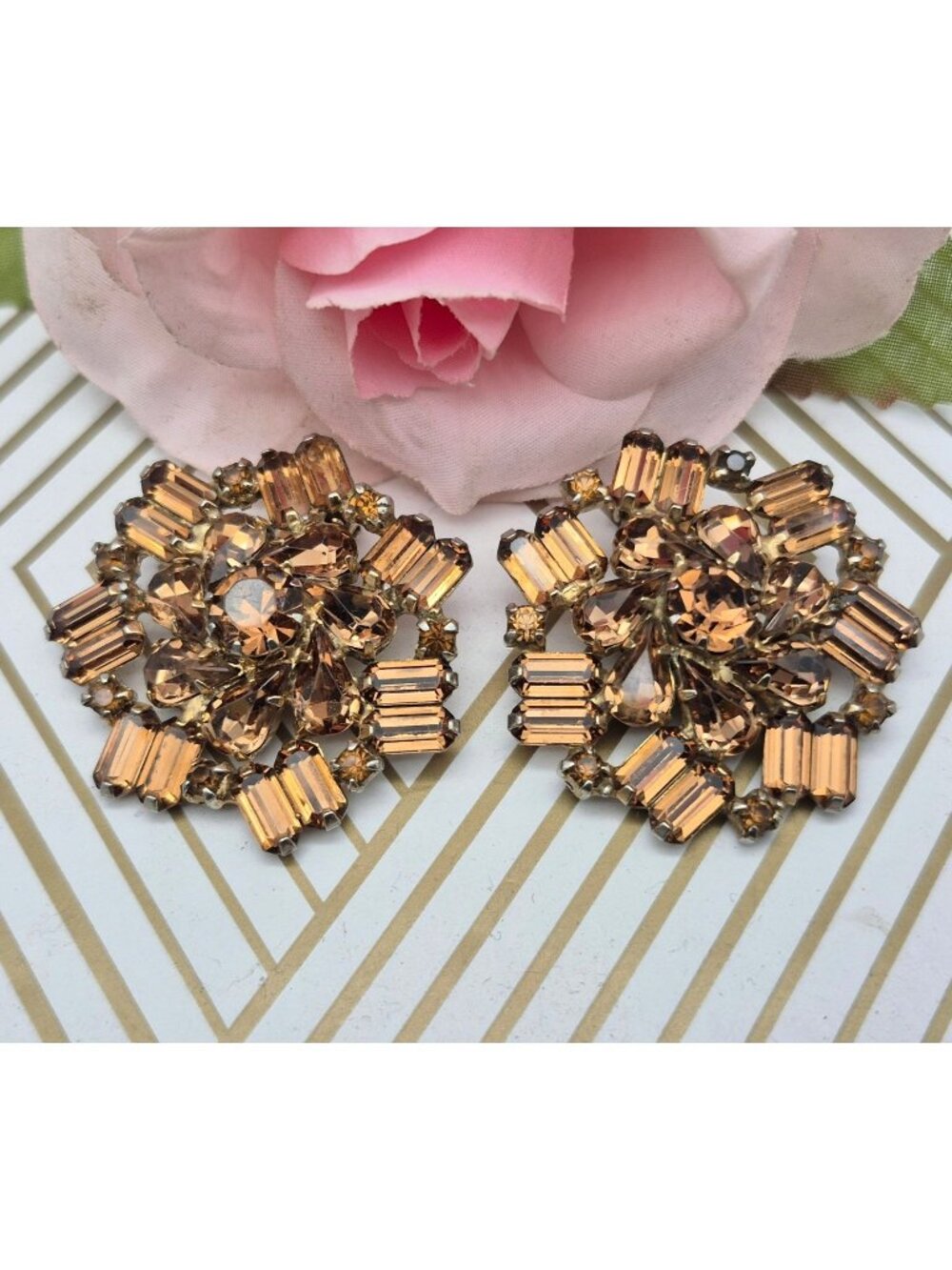 Mid Century VTG Weiss Clip On Earrings Amber Color Austrian Crystals Clusters
